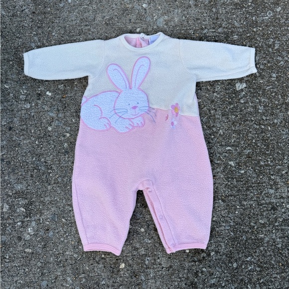 Vintage Y2K 90s Baby Okie Dokie Fleece Romper Pajamas 6-9 Months Bunny - Picture 1 of 6